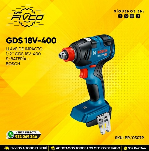 [PR/03079] LLAVE DE IMPACTO 1/2" S/ BATERIA 400NM - (#GDS 18V-400) BOSCH