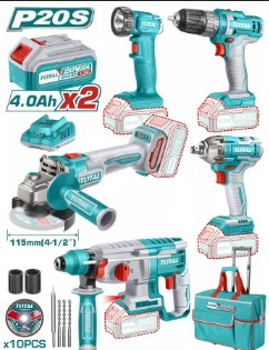 [PR/03125] TALADRO ATORNILLADOR 3/8"+PISTOLA IMPACTO 1/2"+ROTOMARTILLO+AMOLADORA 4.1/2"+LINTERNA + 2 BATERIAS 4.0Ah Y CARGADOR 20V (#TCKLI2019) - TOTAL