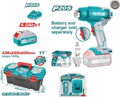 [PR/03419] PISTOLA D/CALOR 20V INAL. #TBLI2002 + 1BATER 4.0AH Y CARGADOR TFBCPK1214 + MALETA P/HERRAMIENTAS PLAST. 17PULG. #TPBX0171 - TOTAL