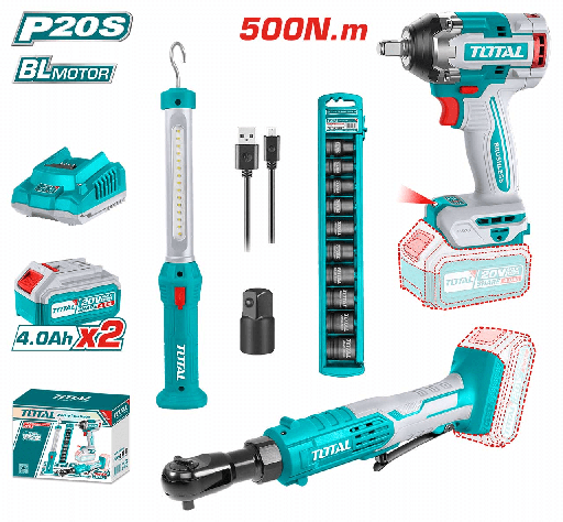 [PR/03434] MEGA COMBO LLAVE DE IMPACTO 1/2" 500NM + LLAVE IMPACTO3/8" 20V + LINTERNA (#TOSLI240461)- TOTAL