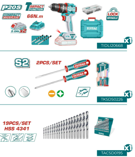 [PR/03769] TALADRO PERCUTOR - TIDLI20668 + JGO X 19 pcs BROCAS PARA METAL - TACSD019S  + JGO X 2 pcs DESARMADOR - TKSDS0226 - TOTAL