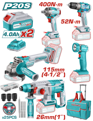 [PR/03922] MEGA COMBO 5 PCS TALADRO 3/8" 52NM + LLAVE IMPACTO 1/2" 400NM + AMOLADORA 4-1/2" C/25 DISCOS + LINTERNA + ROTOMARTILLO 1" + MALETA #TCKLI2058 - TOTAL