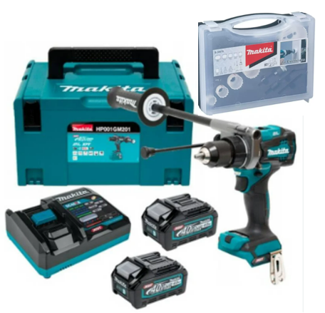 [PR/03941] TALADRO PERCUTOR 1/2" 40V HP001GM201+ 2BAT. 4.0AH + CARGADOR DC40RA + SET SIERRA COPA (20-64MM) B-38679 - MAKITA