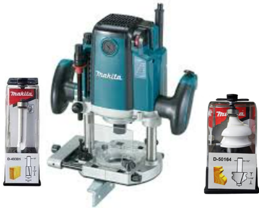 [PR/03957] CO-RP2301FC02-0125 RUTEADORA 1/2" 2100W RP2301FC02 + FRESA VASTAGO 1/2" D-50164 + FRESA RECTA D-49301 - MAKITA