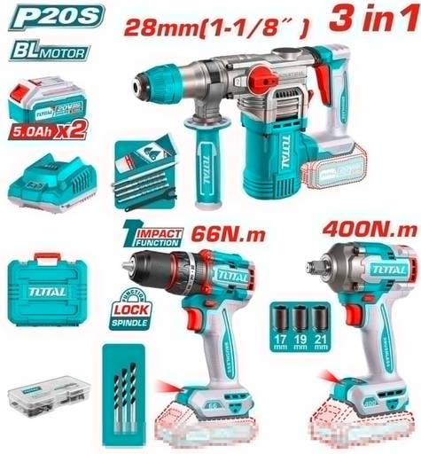 [PR/04819] COMBO TALADRO 66NM + LLAVE DE IMPACTO 400NM + ROTOMARTILLO (28MM) 1-1/8" 20V + 2BAT. 5.0AH + CARGADOR + MALETA (#TCKLI20638 - TOTAL)