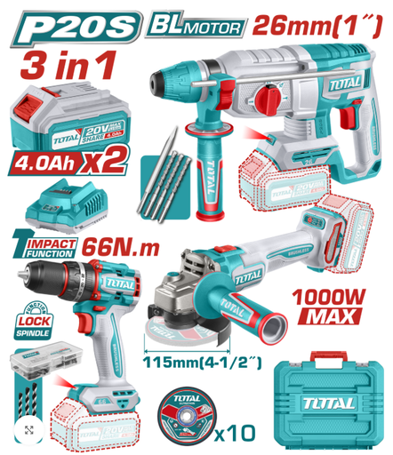 [PR/04884] TALADRO INDUSTRIAL 66NM + AMOLADORA 4-1/2" + ROTOMARTILLO LIVIANO 20V MALETA+ 2BAT. 4.0AH + CARGADOR #TOSLI241198 - TOTAL