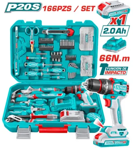 [PR/07747] COMBO 2 EN 1 TALADRO PERCUTOR 20V 66NM + 1 BATERIA DE 2.0AH + ACCESORIOS (166 PIEZAS) #THKTHP41667 - TOTAL