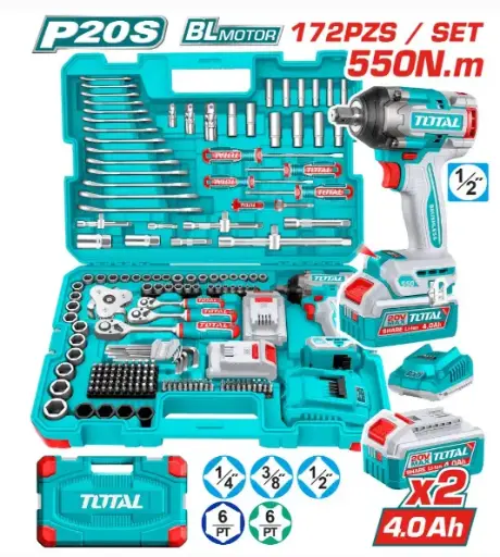 [PR/07749] COMBO 2 EN 1 LLAVE IMPACTO 550NM + 2 BATERIAS DE 4.0AH 20V + ACCESORIOS (172 PIEZAS) #THKTHP41728 - TOTAL