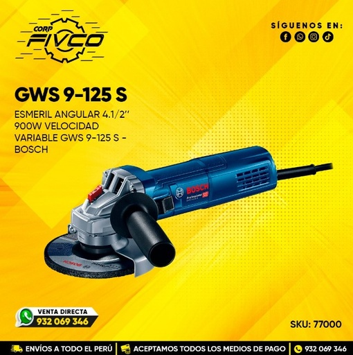 [77000] ESMERIL ANGULAR 4.1/2" 900W VELC. VARIABLE GWS 9-125S (#6013961E0) - BOSCH